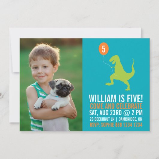 グリーン恐竜&バルーンフォト誕生日招待状 招待状 (正面)