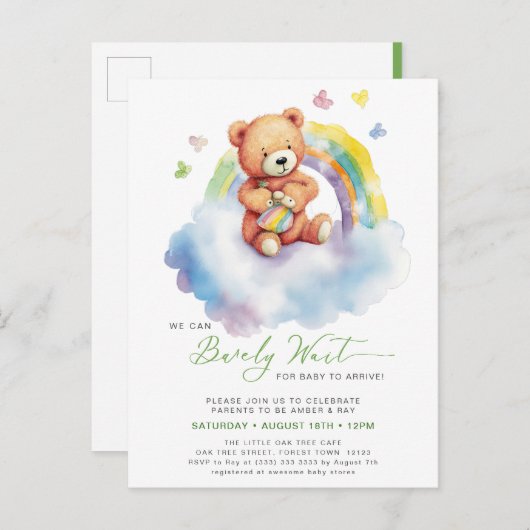 グリーン我々は可愛い男の子の赤ちゃんシャワーを待つことができる インビテーションポストカード (正面/裏面)