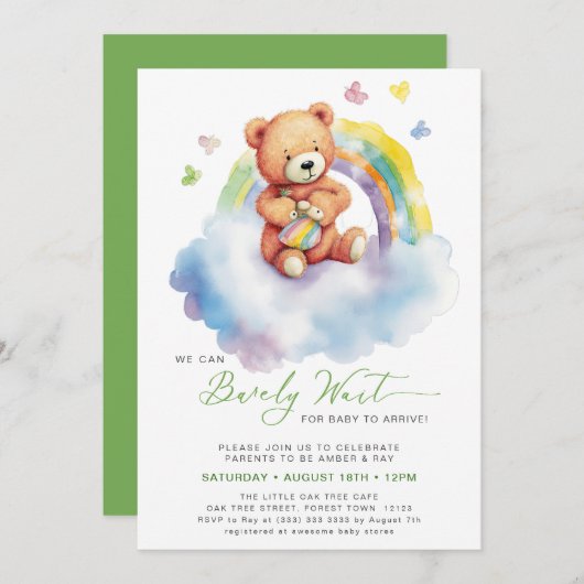 グリーン我々は可愛い男の子の赤ちゃんシャワーを待つことができる 招待状 (正面/裏面)