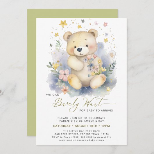 グリーン我々は愛らしい女の子の赤ちゃんシャワーを待つことができる 招待状 (正面/裏面)