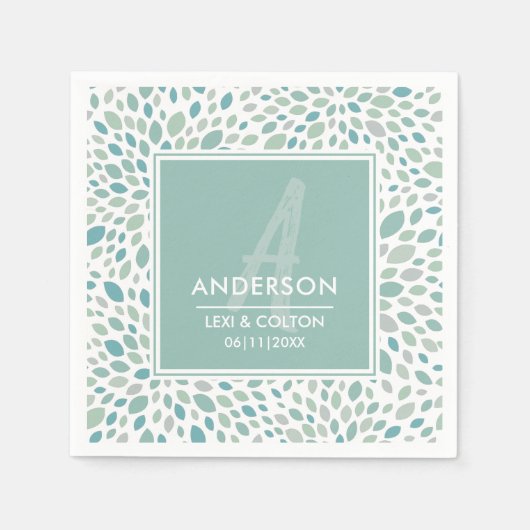 グリーン抽象芸術フローラシーサイドモノグラム結婚ズ スタンダードカクテルナプキン (正面)