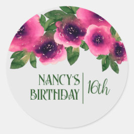 グリーン文字ウォーターカラーピンクローズ16誕生日 ラウンドシール