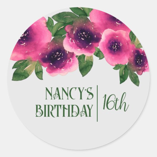 グリーン文字ウォーターカラーピンクローズ16誕生日 ラウンドシール (正面)