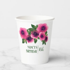 グリーン文字ウォーターカラーピンクローズ16誕生日 紙コップ