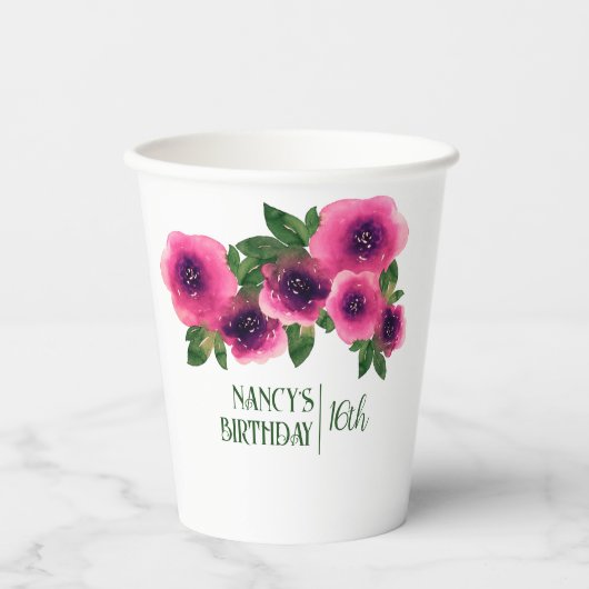 グリーン文字ウォーターカラーピンクローズ16誕生日 紙コップ (正面)
