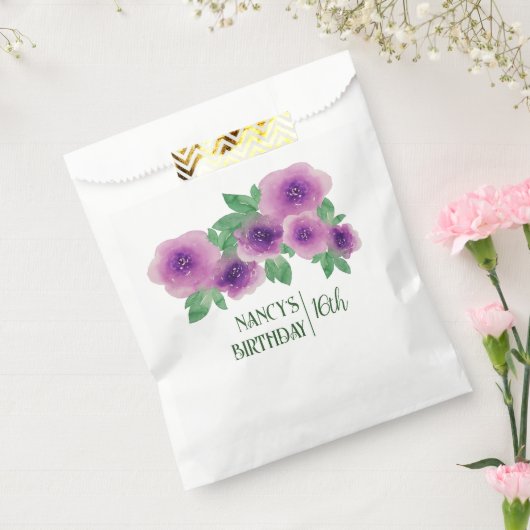 グリーン文字水彩紫バラ16誕生日 フェイバーバッグ (封をした状態)