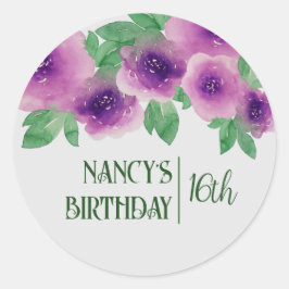 グリーン文字水彩紫バラ16誕生日 ラウンドシール