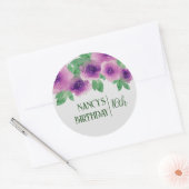 グリーン文字水彩紫バラ16誕生日 ラウンドシール (封筒)