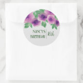 グリーン文字水彩紫バラ16誕生日 ラウンドシール (バッグ)