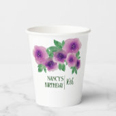 グリーン文字水彩紫バラ16誕生日 紙コップ (裏面)