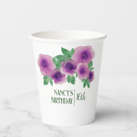 グリーン文字水彩紫バラ16誕生日 紙コップ (正面)