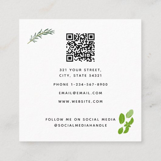 グリーン料理調理用ガーデンハーブQRコード スクエア名刺 (裏面)