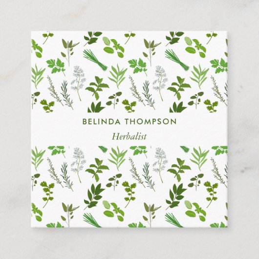 グリーン料理調理用ガーデンハーブQRコード スクエア名刺 (正面)