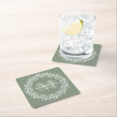 グリーン新婚カップルリースモノグラム名 スクエアペーパーコースター (インサイチュ)