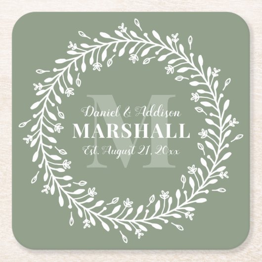 グリーン新婚カップルリースモノグラム名 スクエアペーパーコースター (正面)