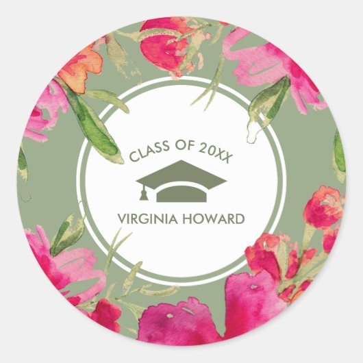 グリーン明るい赤紫色フローラカスタム卒業 ラウンドシール (正面)