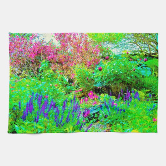グリーン春ガーデンランドスケープと牡丹 キッチンタオル (横)