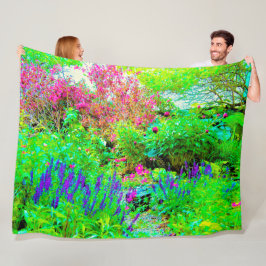 グリーン春ガーデンランドスケープと牡丹 フリースブランケット