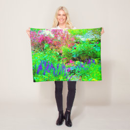 グリーン春ガーデンランドスケープと牡丹 フリースブランケット