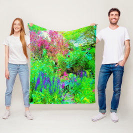 グリーン春ガーデンランドスケープと牡丹 フリースブランケット