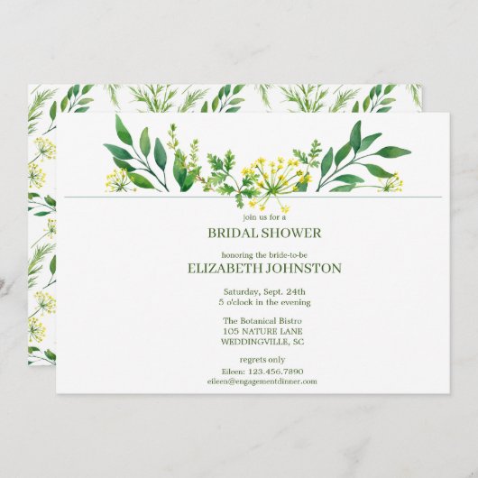 グリーン春植物薬草ブライダルシャワーパーティー 招待状 (正面/裏面)
