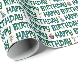 グリーン暗色のHappy Birthday テキストパターン ラッピングペーパー