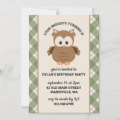 グリーン格子柄かわいいレトロフクロウ誕生日 マグネット招待状 (正面)
