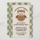 グリーン格子柄かわいいレトロフクロウ誕生日 招待状 (正面/裏面)