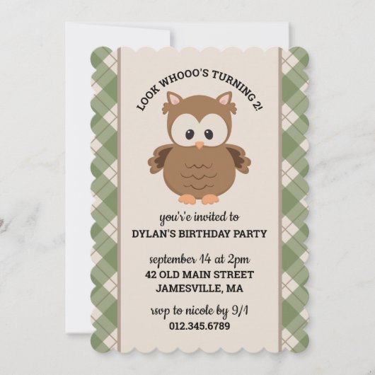 グリーン格子柄かわいいレトロフクロウ誕生日 招待状 (正面)
