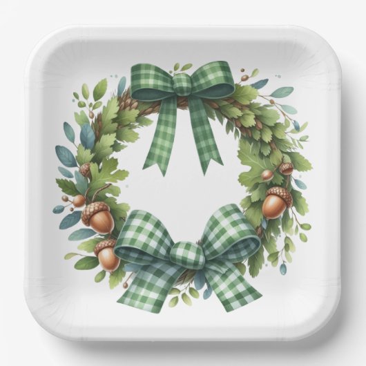 グリーン格子模様秋秋をテーマにしたアイテム ペーパープレート (正面)