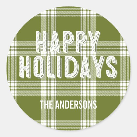 グリーン格子状クリスマスハッピーホリデーズシール ラウンドシール (正面)