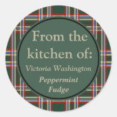 グリーン格子状クリスマスホリデーカスタムギフトステッカー ラウンドシール (正面)