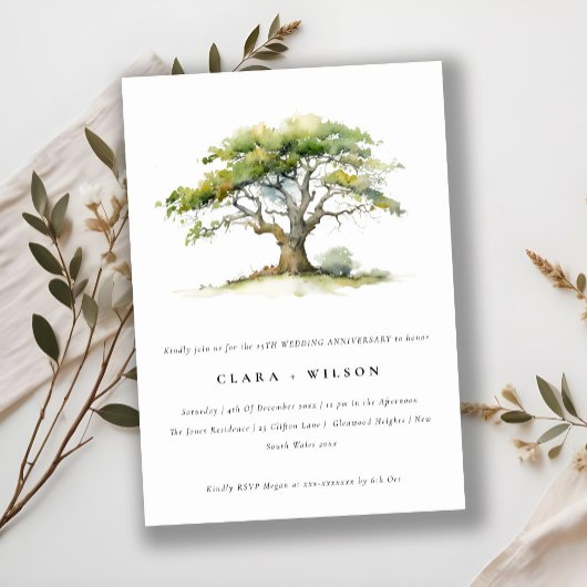 グリーン水彩オークの木 ウェディング アニバーサリー 招待状