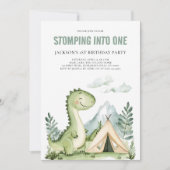 グリーン水彩恐竜男子 1歳誕生日パーティー 招待状 (正面)