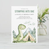 グリーン水彩恐竜男子 1歳誕生日パーティー 招待状 (スタンド正面)