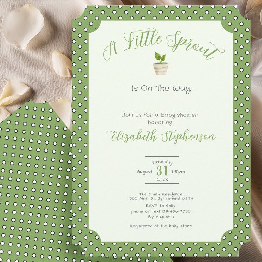 グリーン水玉リトル・スプラウト・ベビーシャワー 招待状
