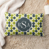 グリーン水玉模様とブルーモノグラム ランバークッション (ブランケット)