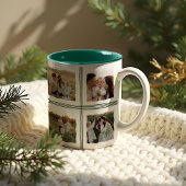 グリーン水玉模様クリスマスボウファミリーフォトコラージュ ツートーンマグカップ