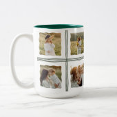 グリーン水玉模様クリスマスボウファミリーフォトコラージュ ツートーンマグカップ (左)