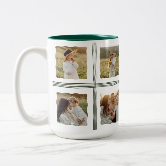 グリーン水玉模様クリスマスボウファミリーフォトコラージュ ツートーンマグカップ (左)