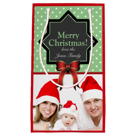 グリーン水玉模様フェスティバルカスタムフォトクリスマス スモールペーパーバッグ (正面)