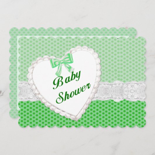 グリーン水玉模様レースハートベビーシャワー招待状 招待状 (正面/裏面)