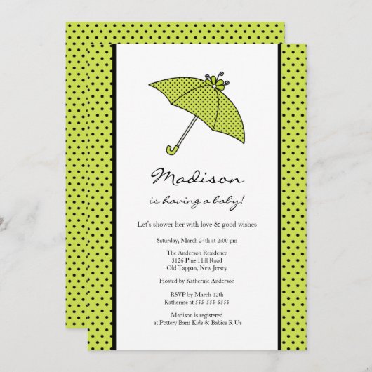 グリーン水玉模様傘ベビーシャワー 招待状 (正面/裏面)