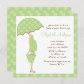 グリーン水玉模様傘マムベビーシャワー 招待状 (正面/裏面)
