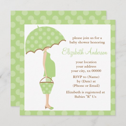 グリーン水玉模様傘マムベビーシャワー 招待状 (正面/裏面)