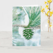 グリーン淡い色のウィンターパインコーンウォーターカラーホリデー カード (黄色い花)