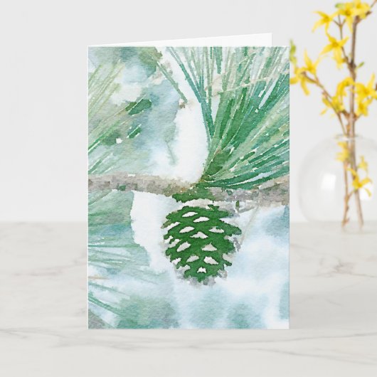 グリーン淡い色のウィンターパインコーンウォーターカラーホリデー カード (黄色い花)