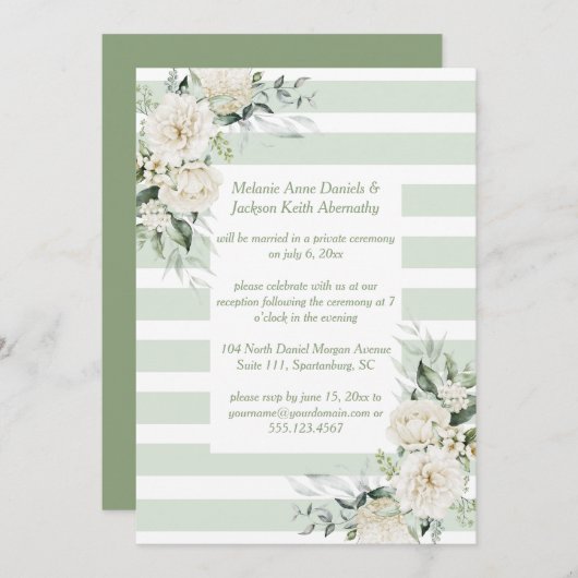 グリーン淡い色のストライプフローラ披露宴のみ 招待状 (正面/裏面)