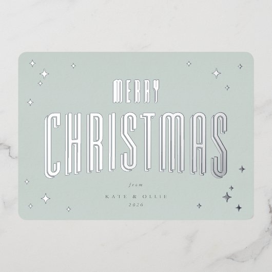 グリーン淡い色のメリークリスマスレトロスターズフラット 箔シーズンカード (正面)