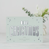 グリーン淡い色のメリークリスマスレトロスターズフラット 箔シーズンカード (立ち正面)
